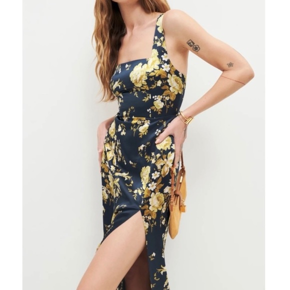 Reformation silk Floral Sleeveless Navy and Yellow NEW - Picture 1 of 8